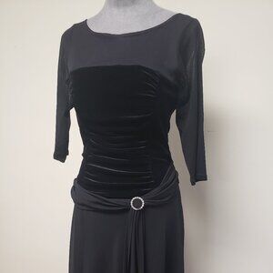 Black Whimsigoth Tea Length Dress with Ruched Velvet Bodice and Rhinestone Ring